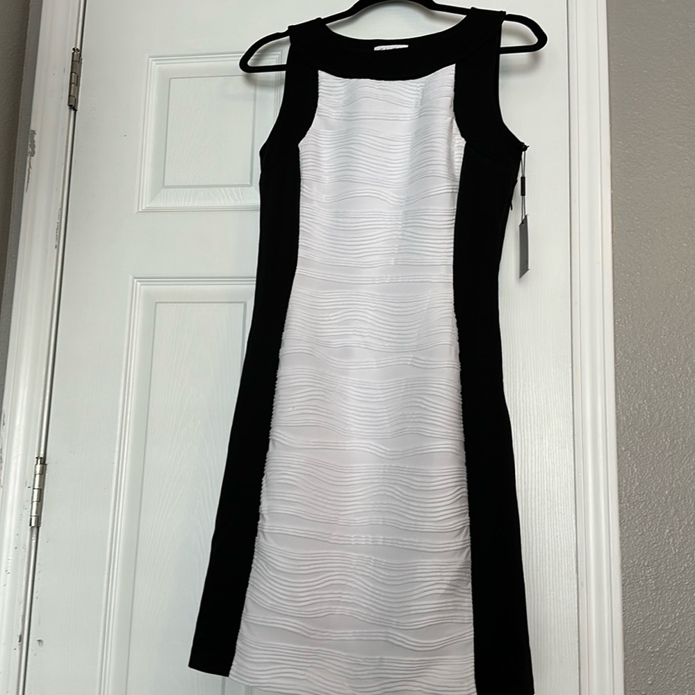 NWT Calvin Klein sleeveless black/ivory color block ribbed sheath dress.